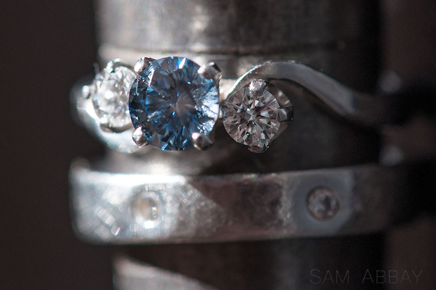3-stone engagement ring blue cultured diamond