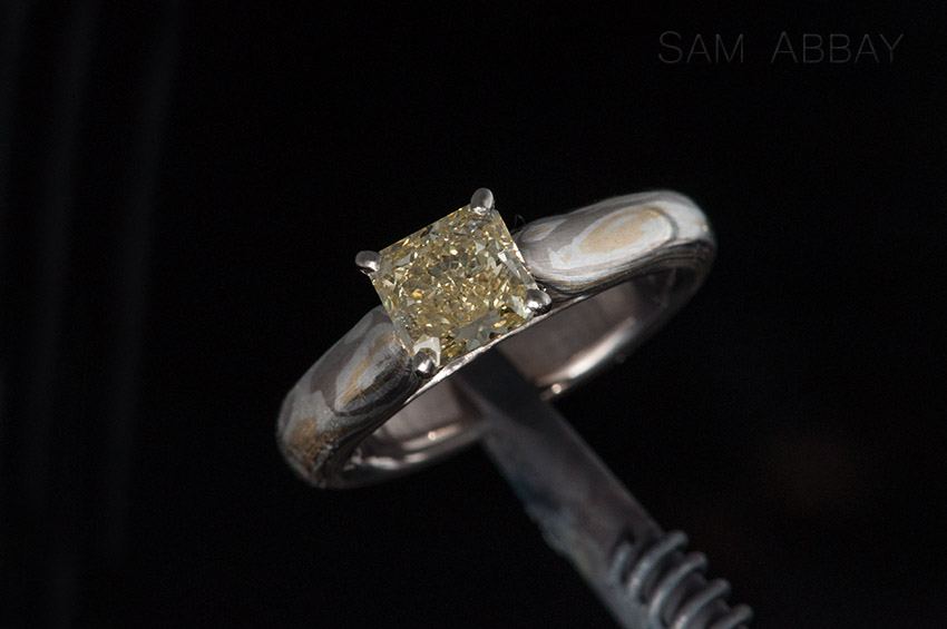Princess yellow diamond engagement ring mokume gane