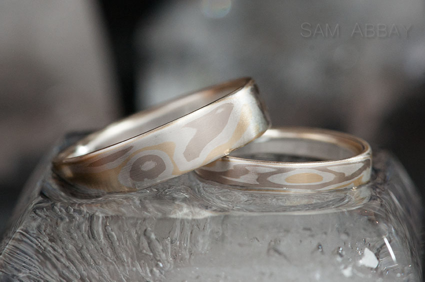 Mokume wedding rings silver, yellow, white gold