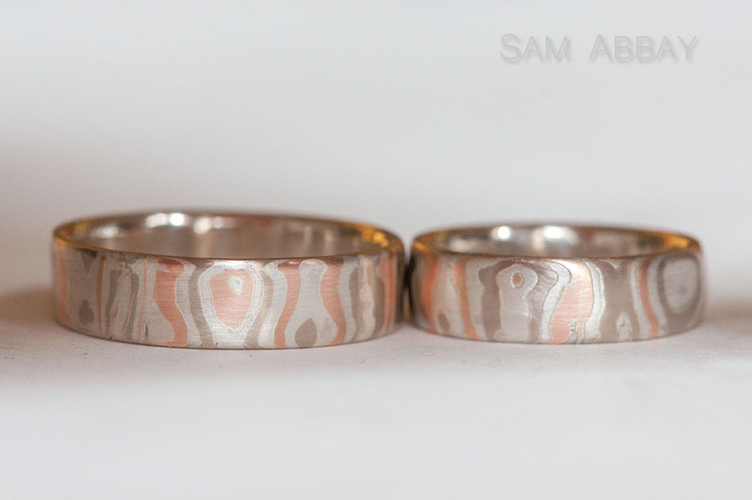 Funky mokume wedding rings