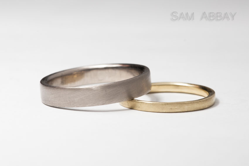 white and yellow gold matte wedding rings